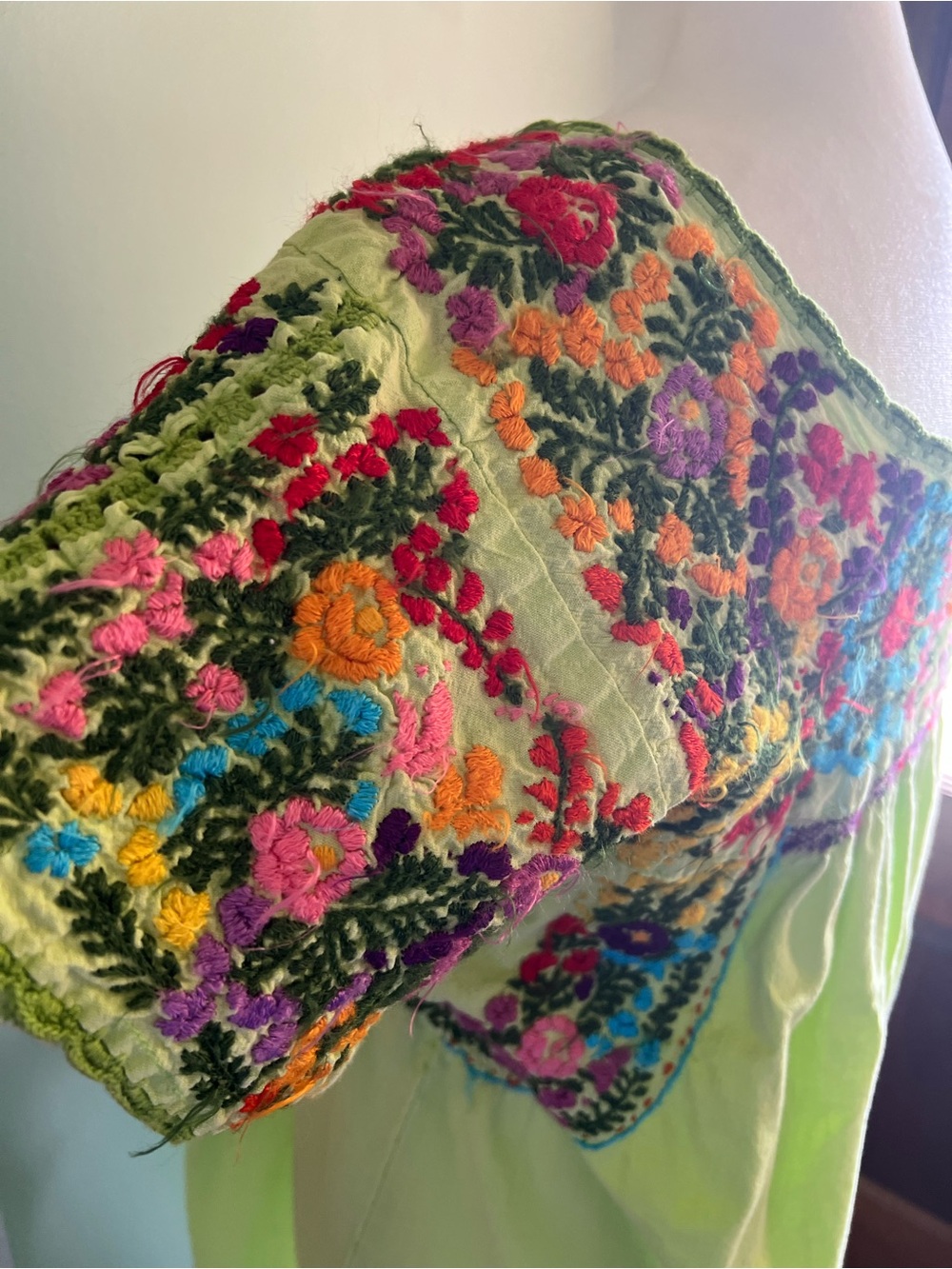Hand-Embroidered Lime Green Midi Dress with Floral Yoke M Cottage Core Boho - Picture 4 of 11